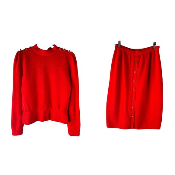 Vintage 80s St. John Collection Santana Knit Wool Red Sweater Skirt Set Small